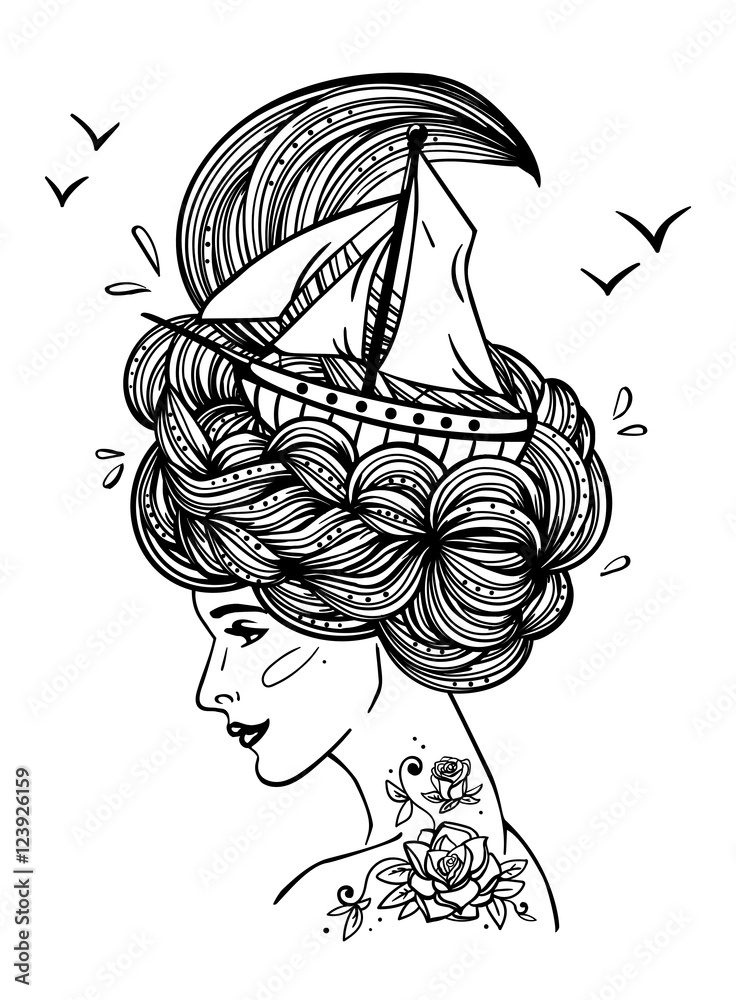 Page with print for adult coloring book hand drawn portrait of a dreaming young beautiful woman