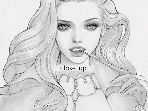 Valentine vampire coloring page coloring pdf for adults grayscale coloring a a beautiful women coloring instant download