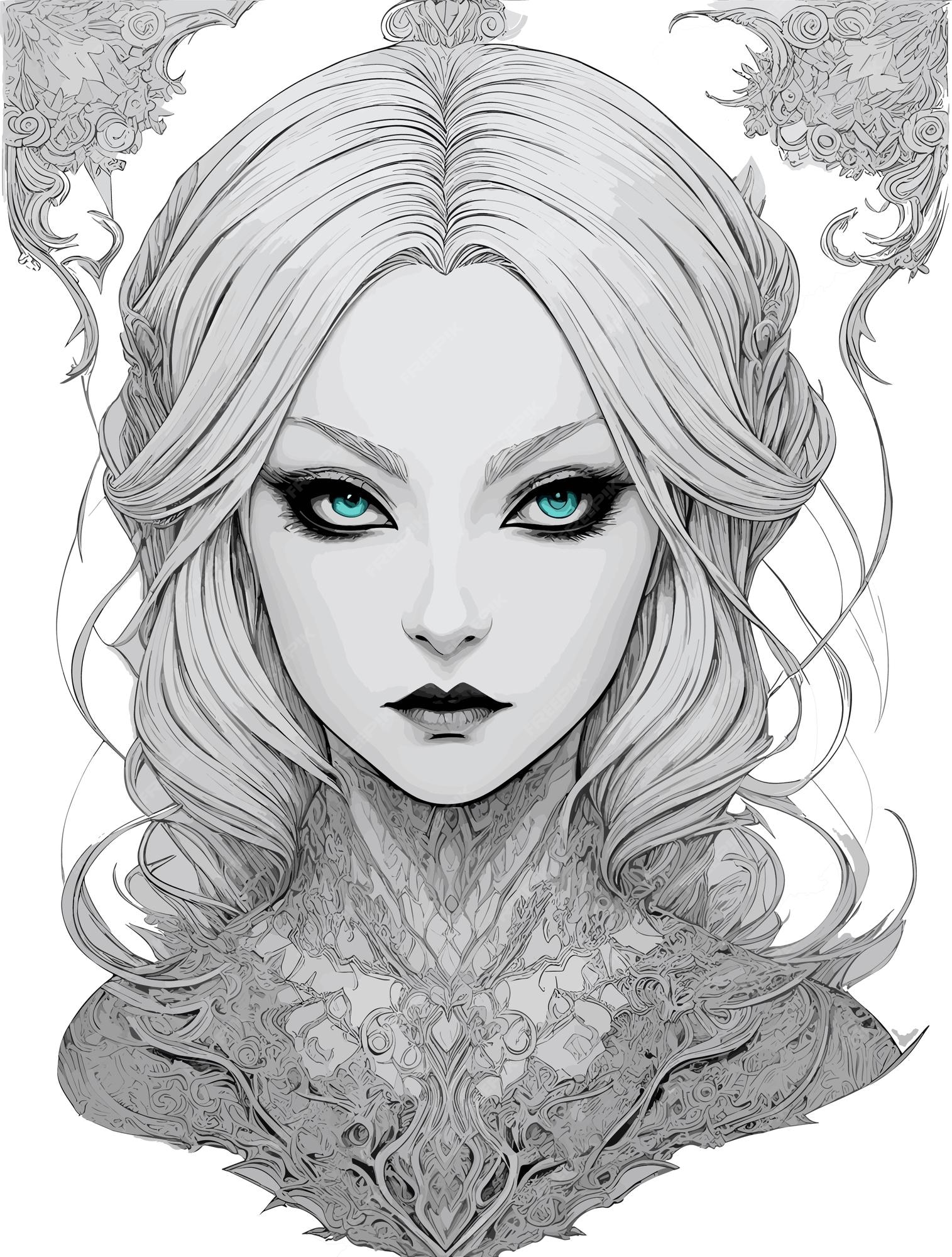 Premium vector a stunning white ink drawing coloring page of whimsical magnificent hyperrealistic fantasy dark vamp