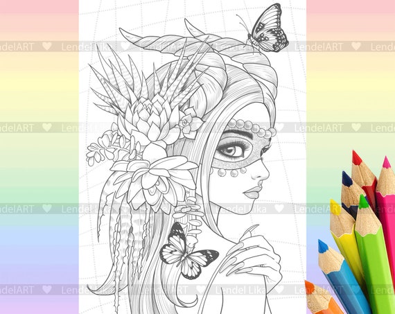 Coloring page girl portrait gothic vampire cactus coloring