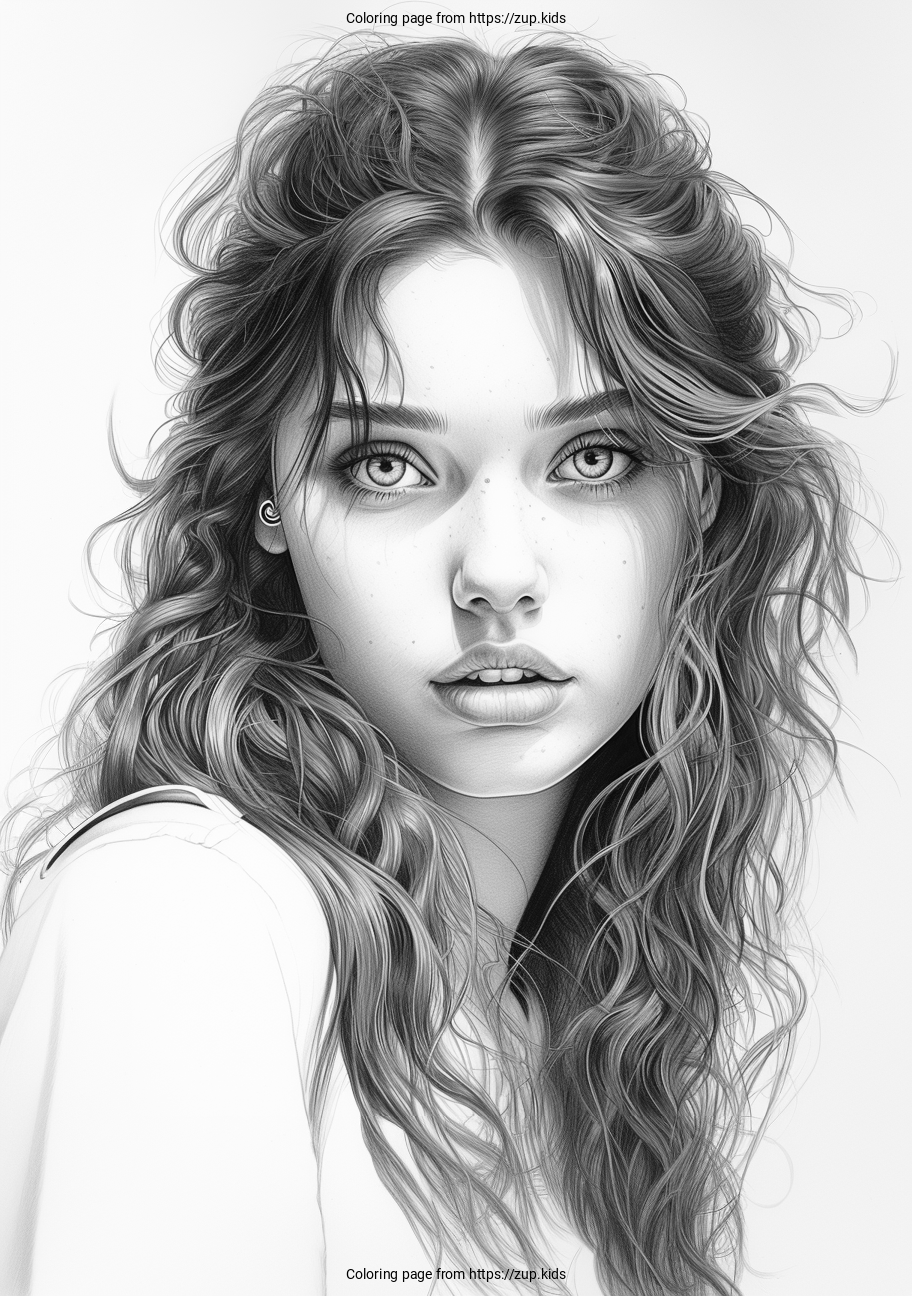 Realistic face of a girl coloring page from