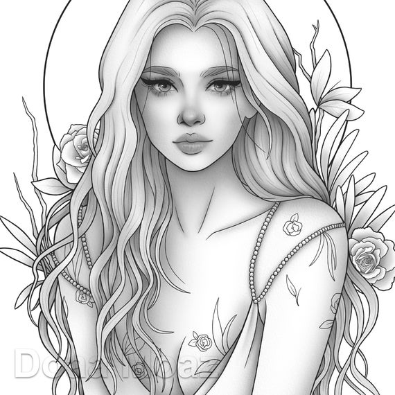 Printable coloring page fantasy character girl floral portrait