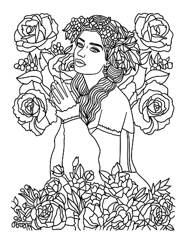 Flower girl coloring page for adults stock illustration