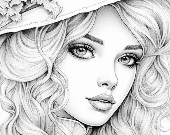 Cute hat coloring page for adults grayscale coloring page girl portrait instant download jpeg
