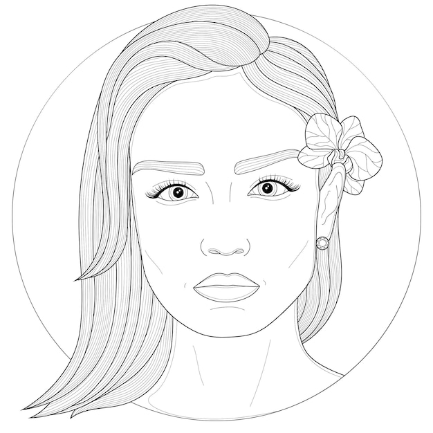 Premium vector girl with an orchid behind her earcoloring book antistress for children and adults illustration isolated on white backgroundzen