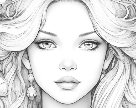 Young queen coloring page for adults grayscale coloring page girl portrait instant download lightdark jpeg