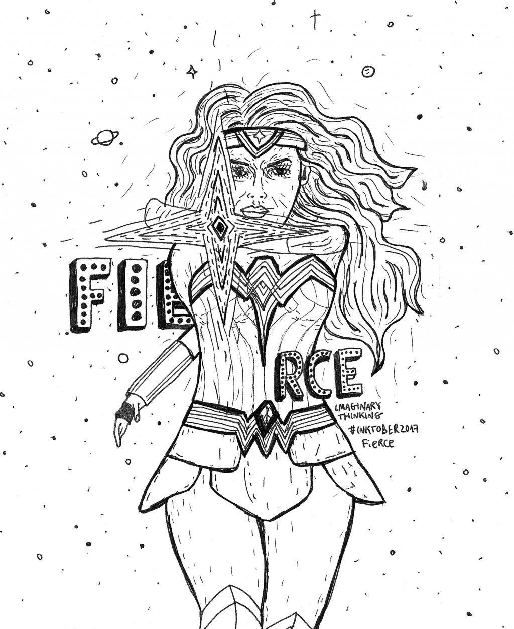 Fierce wonder woman drawing by imaginary thinking doodle addicts