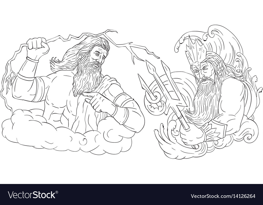 Zeus vs poseidon black and white drawing vector image