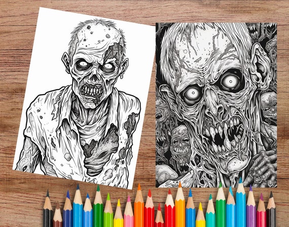 Zombies coloring page book adults kids instant download grayscale coloring page printable pdf fantasy coloring instant download
