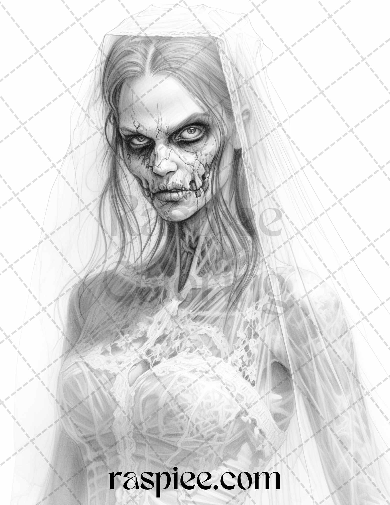 Zombie bride grayscale printable coloring pages for adults halloween â coloring