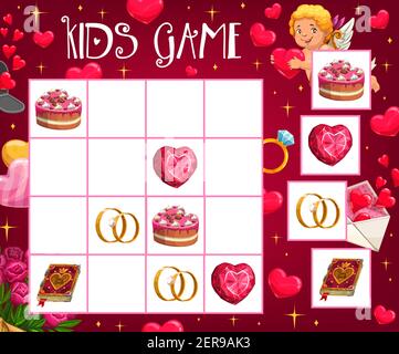Saint valentine day child crossword game with love symbols children logical riddle or rebus kids math puzzle cake and gem in heart shape wedding r stock vector image art