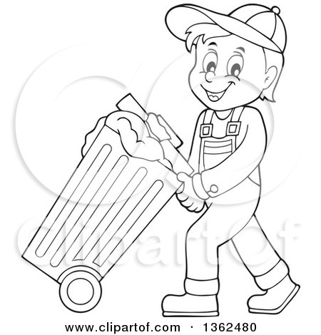 Clipart of a cartoon black and white garbage man pushing a rolling trash bin
