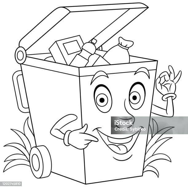 Coloring page of cartoon garbage bin stock illustration