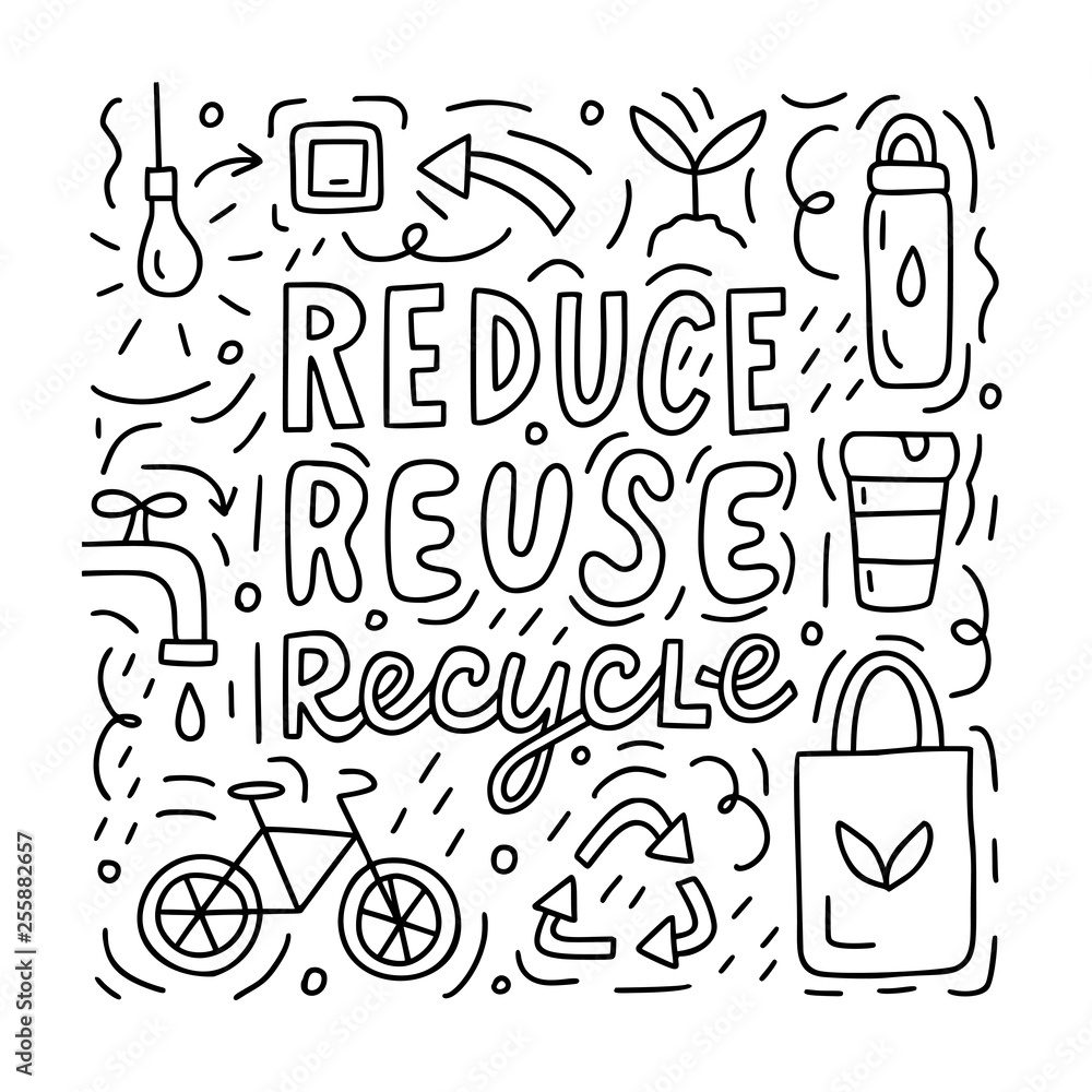 Reduce reuse recycle doodle concept black and white vector illustration for postcards prints or for coloring book eco lifestyle vector