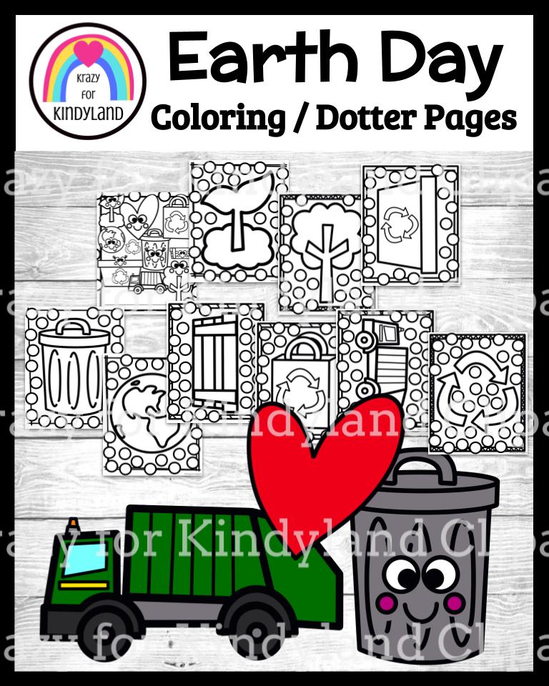 Earth day coloring dotter page booklet tree garbage recycle garbage truck