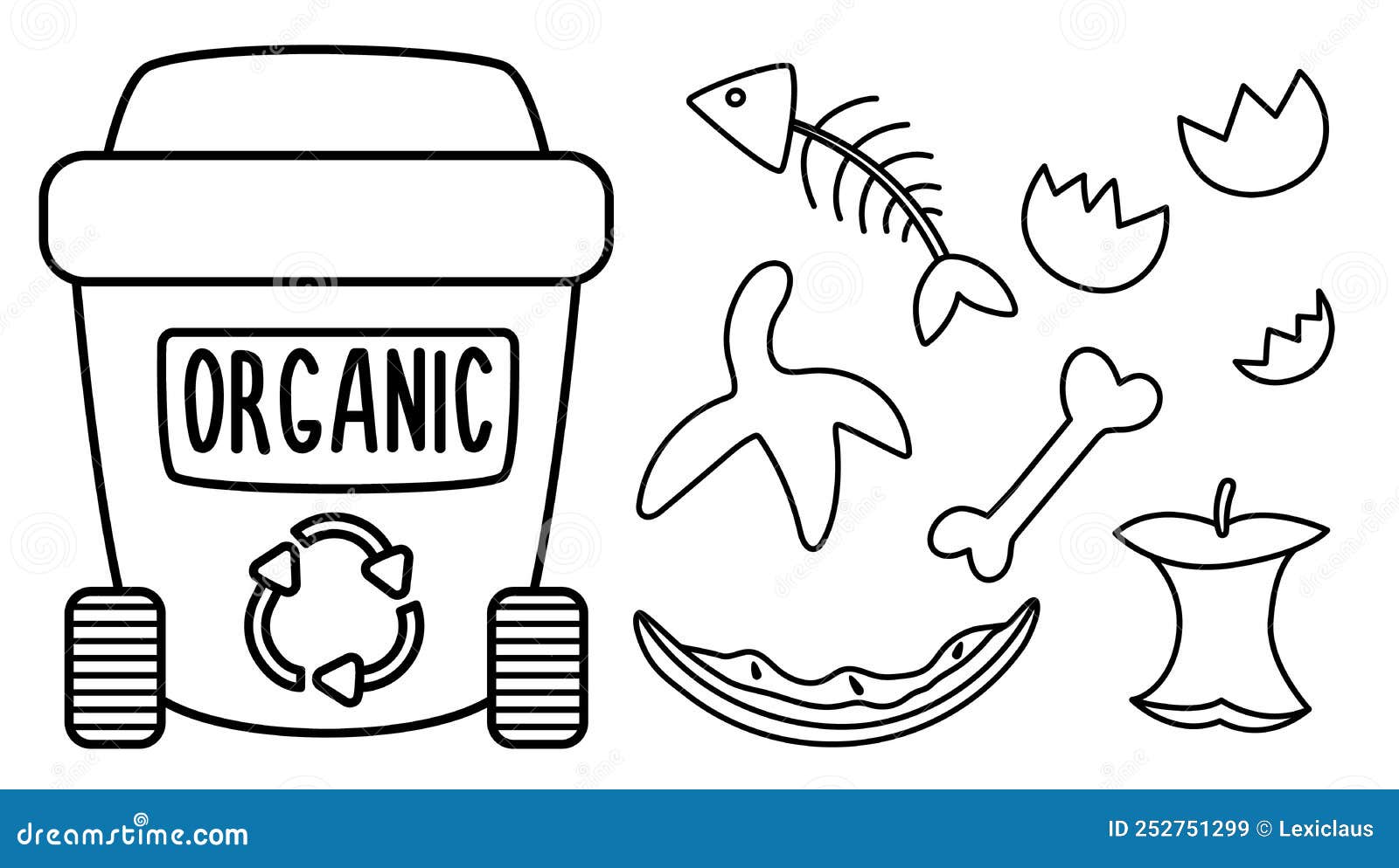 Black and white rubbish bin for organic waste with different garbage waste recycling and sorting concept or coloring page stock vector