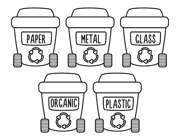 Premium vector vector black and white waste sorting bins icon line organic paper metal glass plastic garbage boxes earth day or zero waste ecological concept rubbish or junk recycling containers coloring