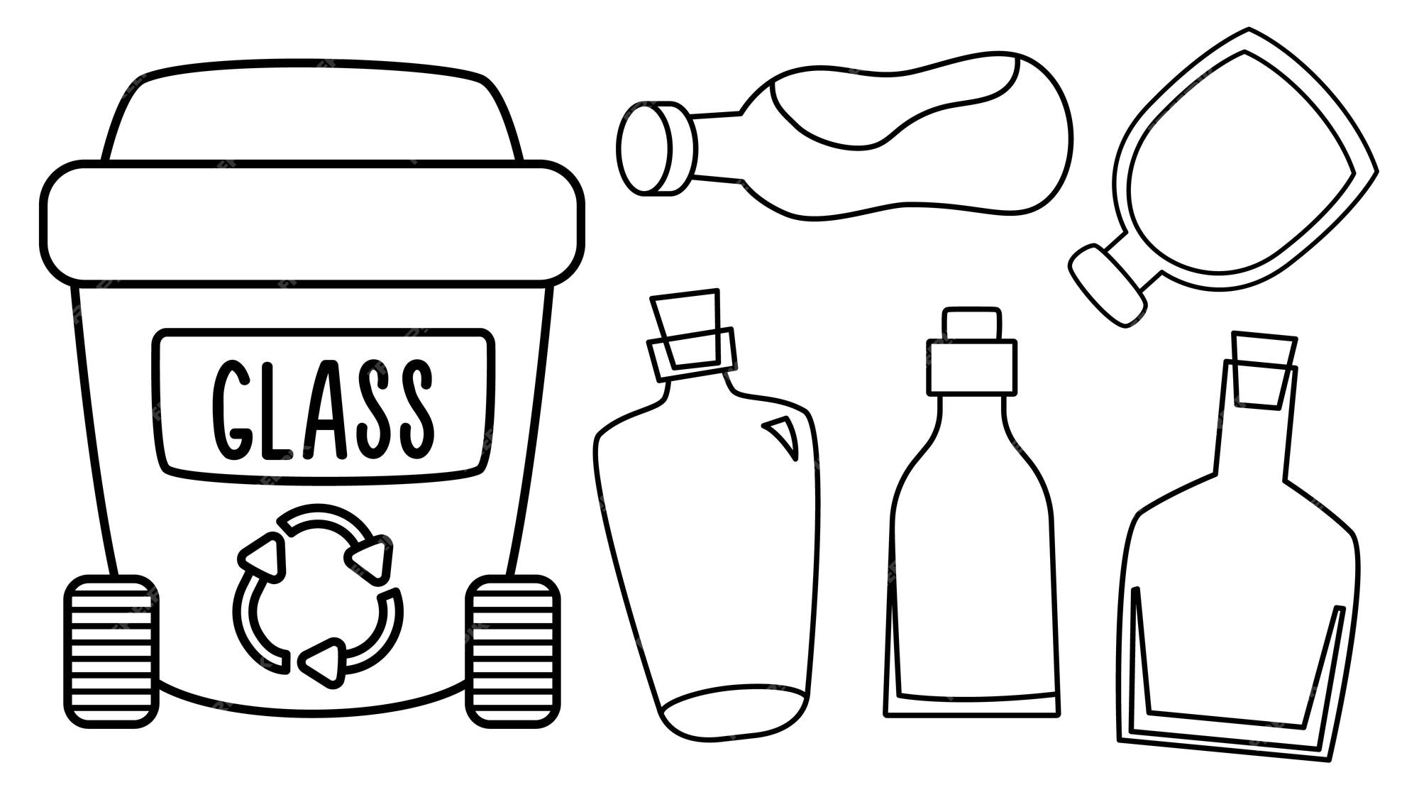 Premium vector black and white rubbish bin for glass waste with different garbage waste recycling and sorting concept or coloring page vector trash container and litter illustration ecological line set