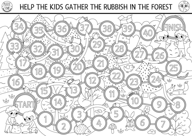 Premium vector ecological black and white dice board game for children with kids gathering rubbish in forest earth day line boardgame waste recycling printable coloring page eco awareness or zero waste
