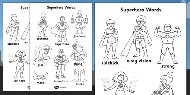 Superhero themed words louring sheet teacher made