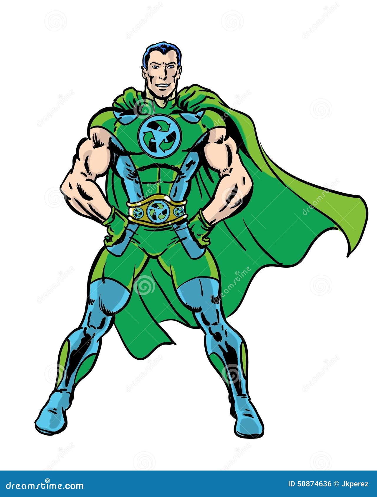 Ic book illustrated recycle green superhero posing with white background stock illustration