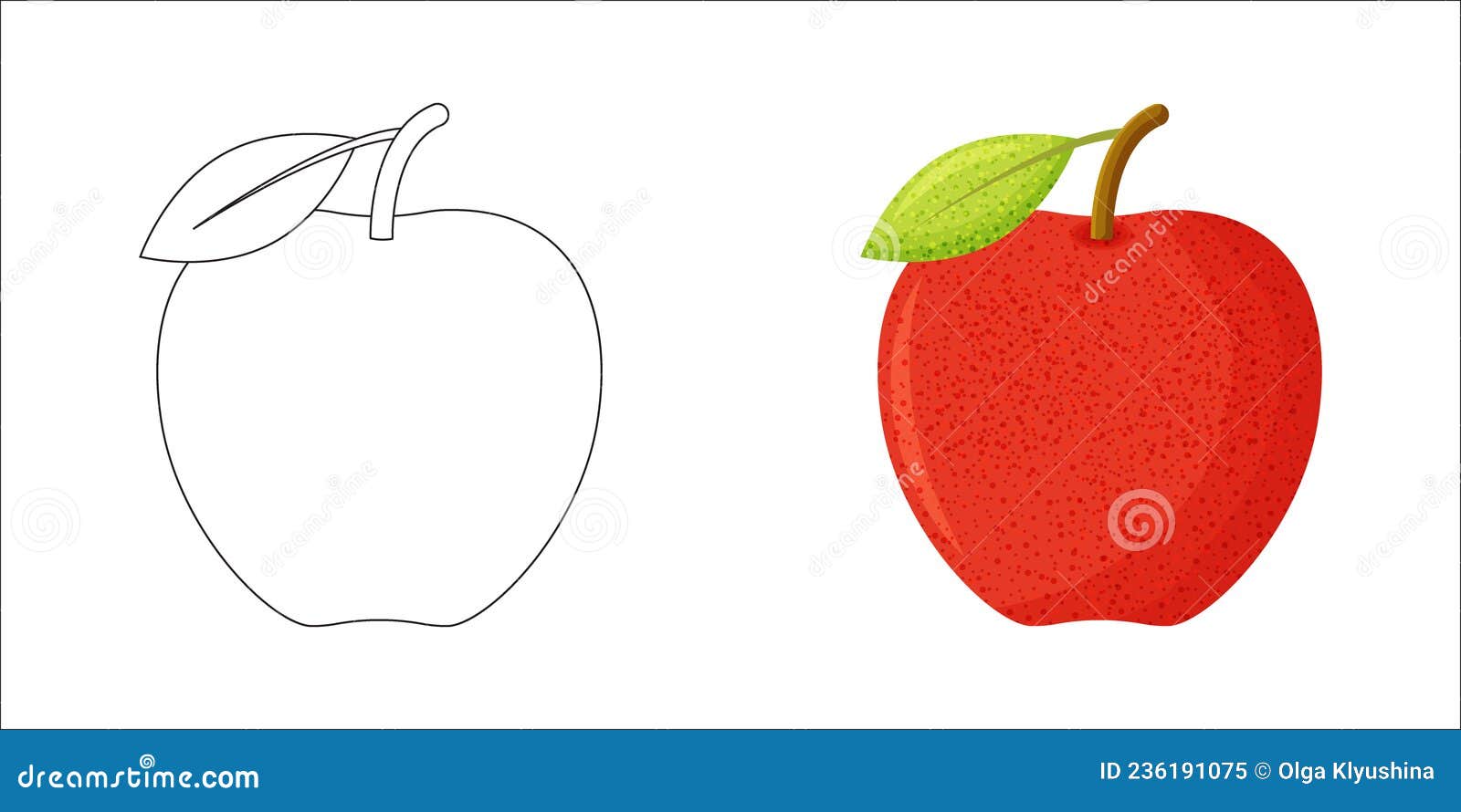 Coloring book page for preschool children with outlines of red apple and a colorful copy of it stock vector