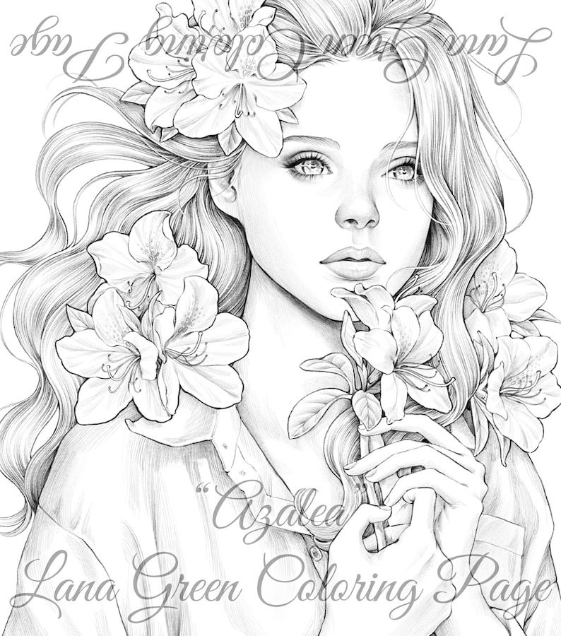 Azalea coloring page for adults grayscale coloring page instant download lana green art jpeg pdf