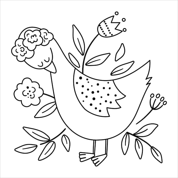 Premium vector vector bohemian goose with flowers on head woodland black and white bird isolated on white background boho forest floral position with animal forest coloring pagexa