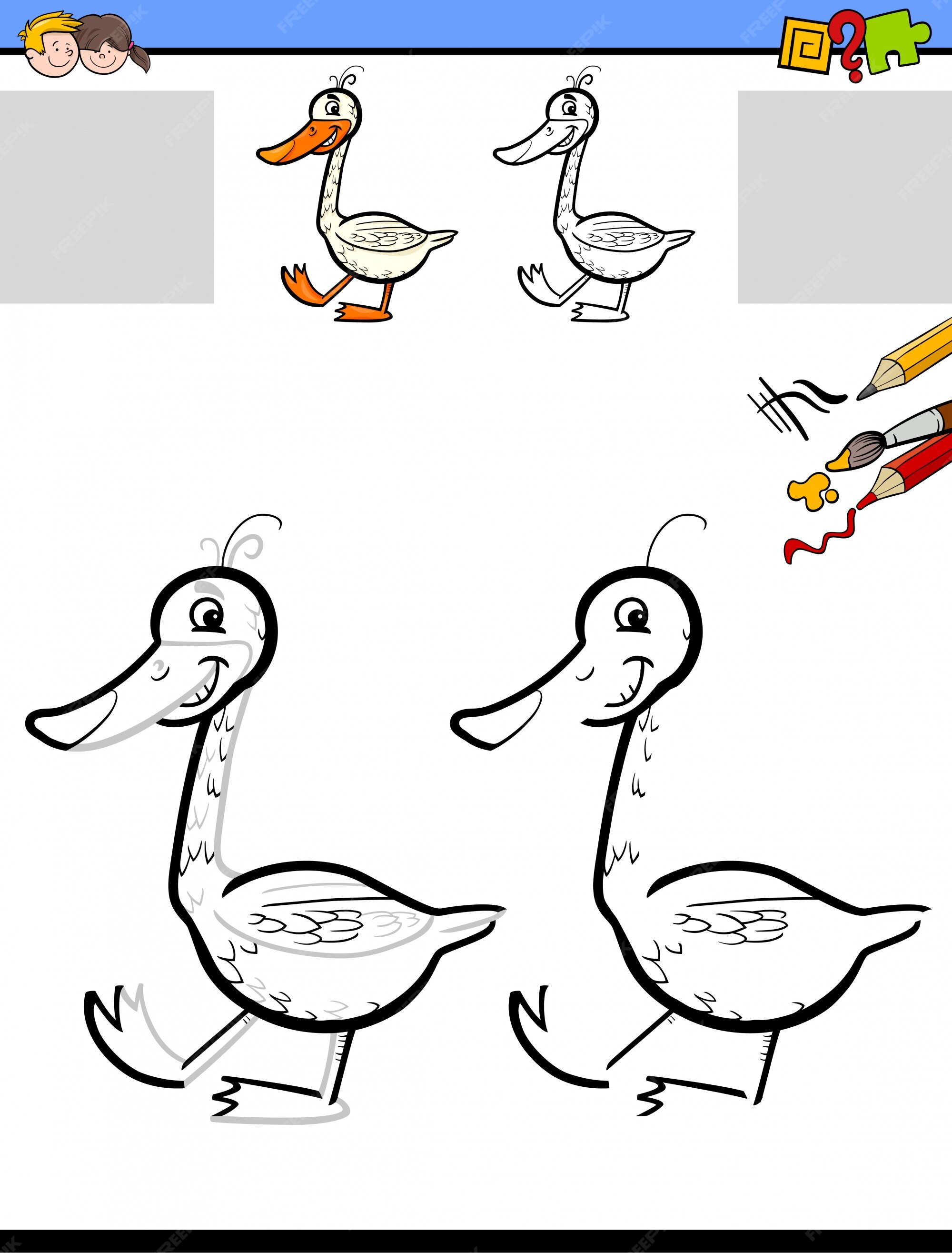 Premium vector drawing and coloring worksheet with goose