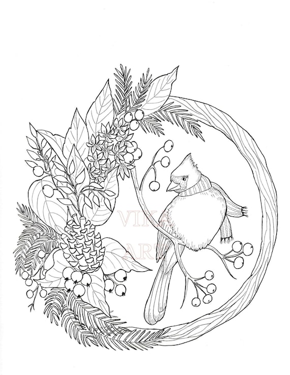 Red cardinal christmas coloring pageadult coloring pagekids coloring page