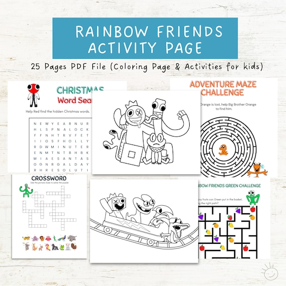 Rainbow friends coloring page and activities pages pdf file ready to print for personal use