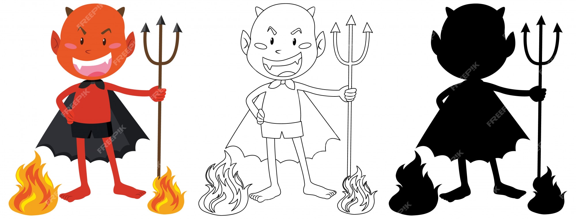 Free vector red devil in color and outline and silhouette