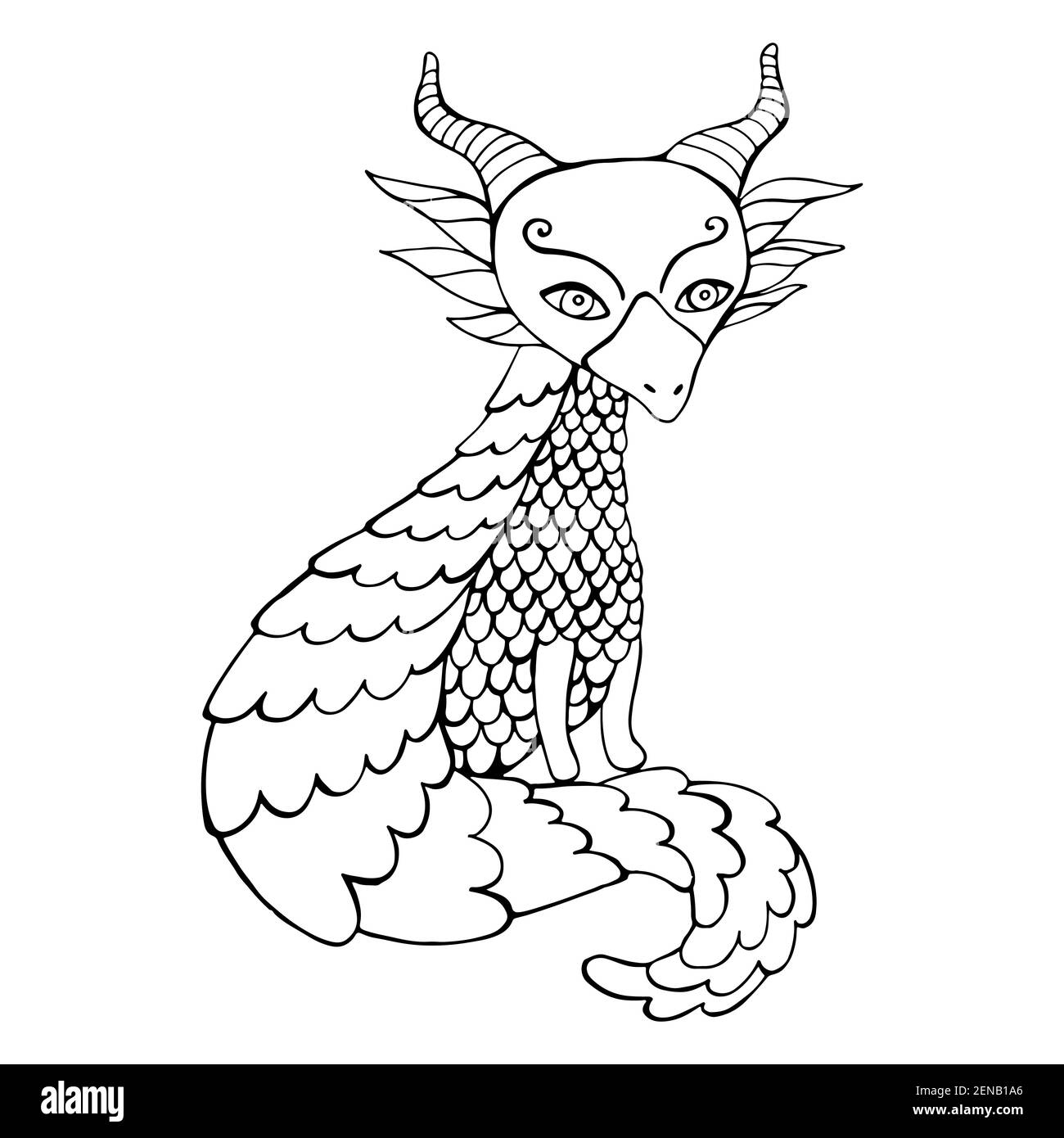 Black and white dragon cartoon coloring page for kids and adults with horns and patterned tail isolated on white funny doodle style character little stock vector image art
