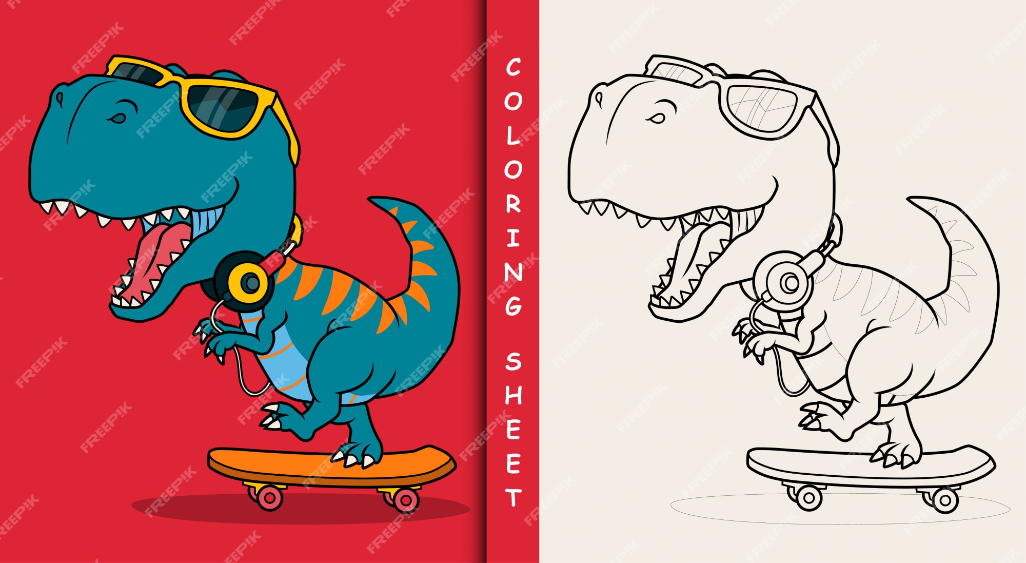 Premium vector cool dinosaur playing skateboard coloring sheet