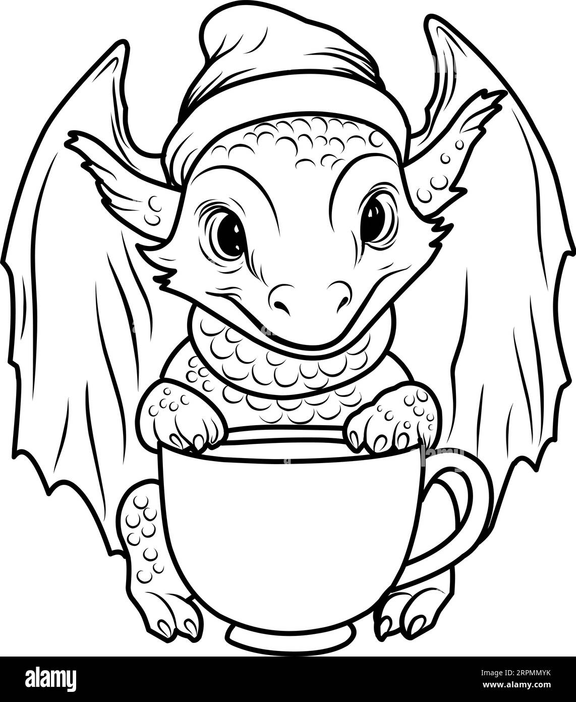 A vector of a cute dragon in the hat in black and white coloringcoloring page simbol stock vector image art