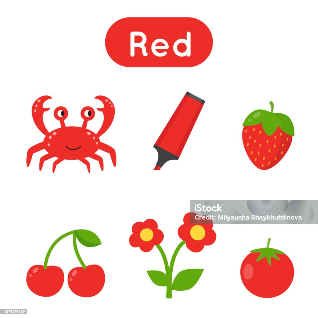 Flash cards with objects in red color educational printable worksheet stock illustration