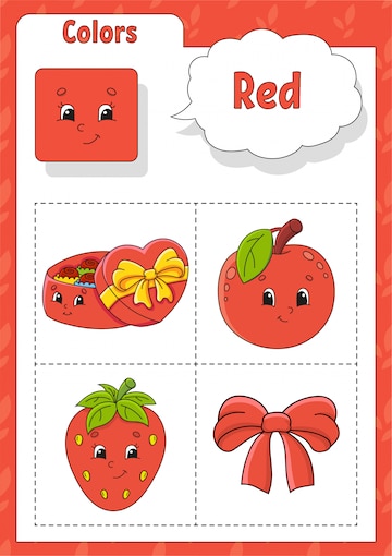 Premium vector learning colors red color flashcard for kids cute cartoon characters