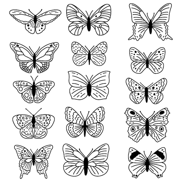 Premium vector hand drawn doodle butterflies set vector sketch illustration black outline art collection of insect for web design icon print coloring page