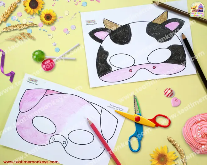 Printable farm animal masks for colouring