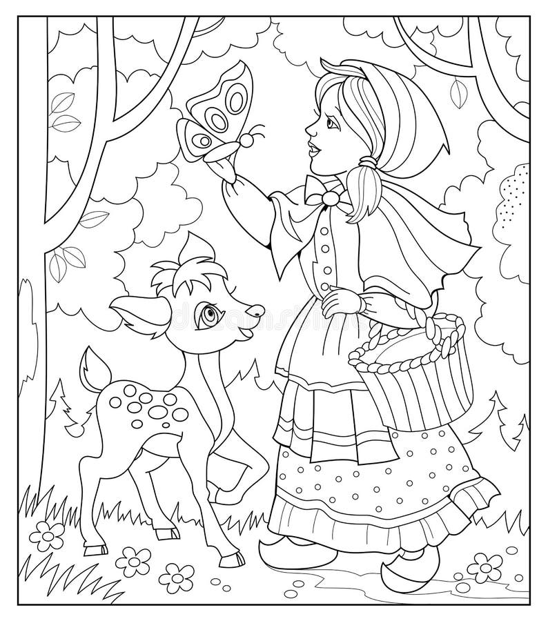 Coloring book for little children red riding hood walking in summer forest with cute fawn black and white vector illustration stock vector