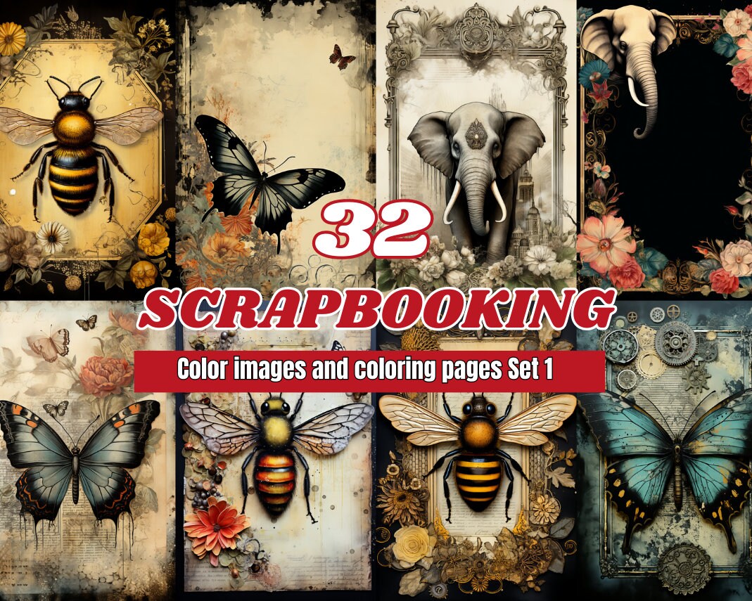 Scrapbooking color images grayscale coloring pages set ephemera gothic junk journal kit printable pdf instant download
