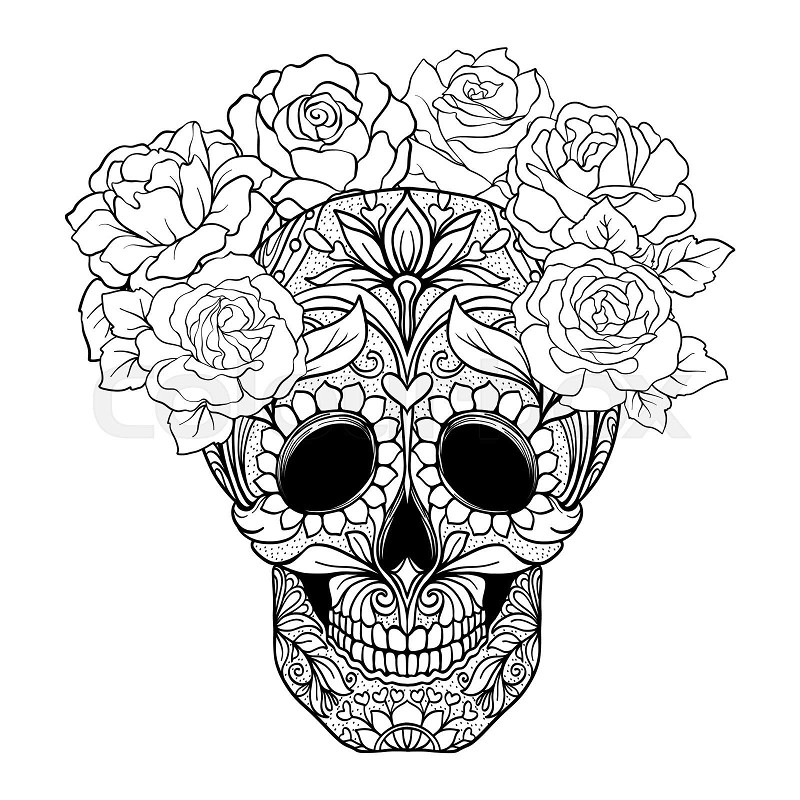 Sugar skull with decorative pattern and a wreath of red roses s stock vector