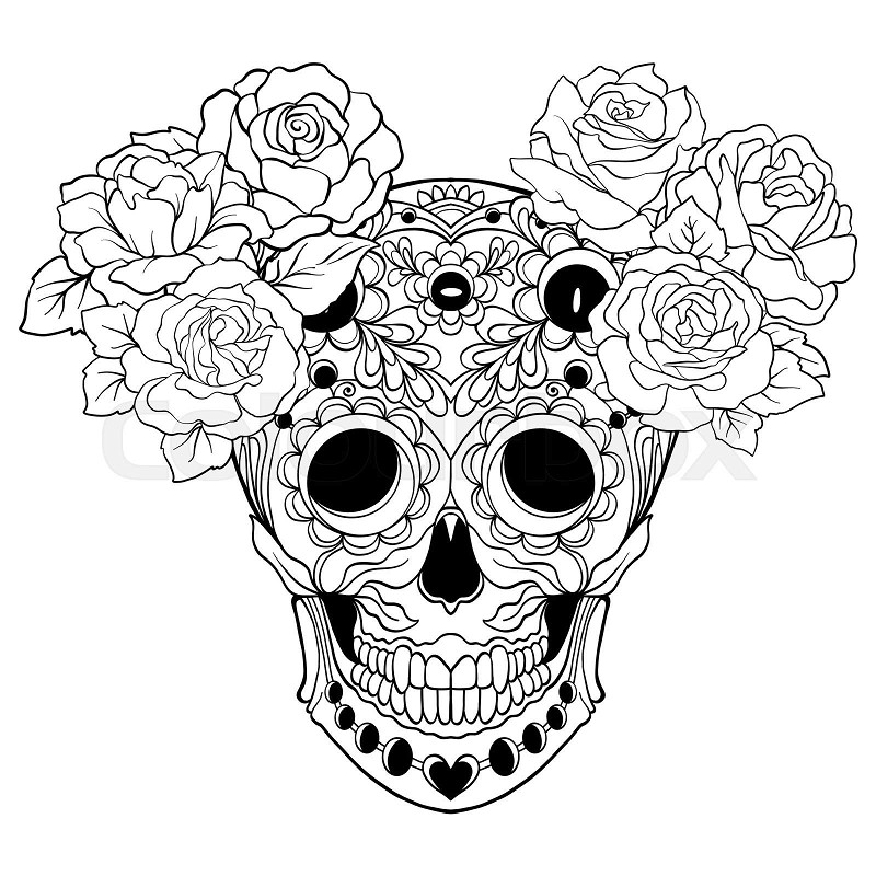 Sugar skull with decorative pattern and a wreath of red roses s stock vector