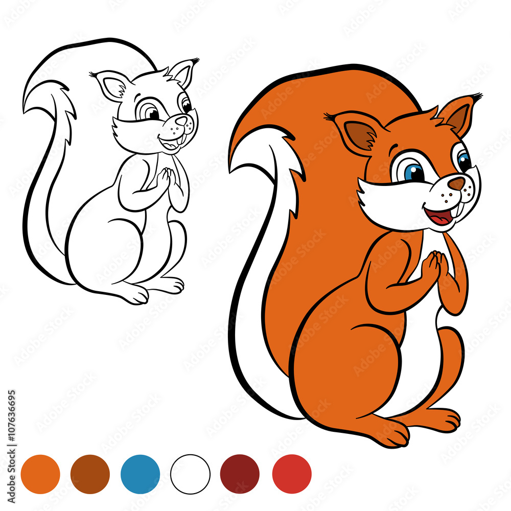 Coloring page color me squirrel little cute squirrel stands and smiles vector