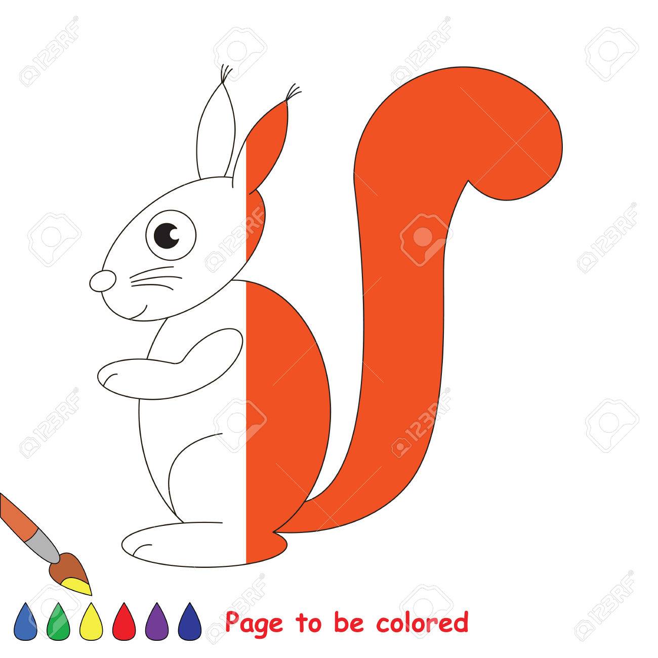 Red squirrel to be colored the coloring book to educate preschool kids with easy kid educational gaming and primary education of simple game level colorless half to be colored by sample half