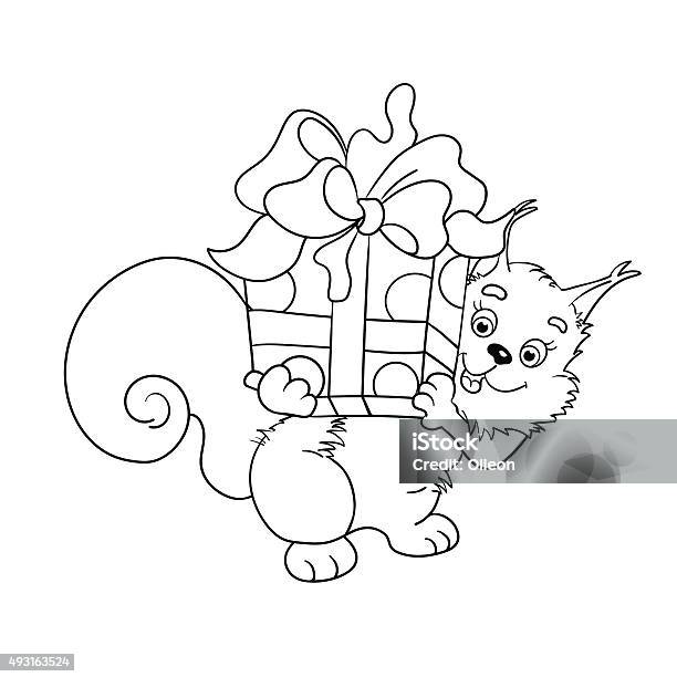 Coloring page outline of red squirrel with a big gift stock illustration