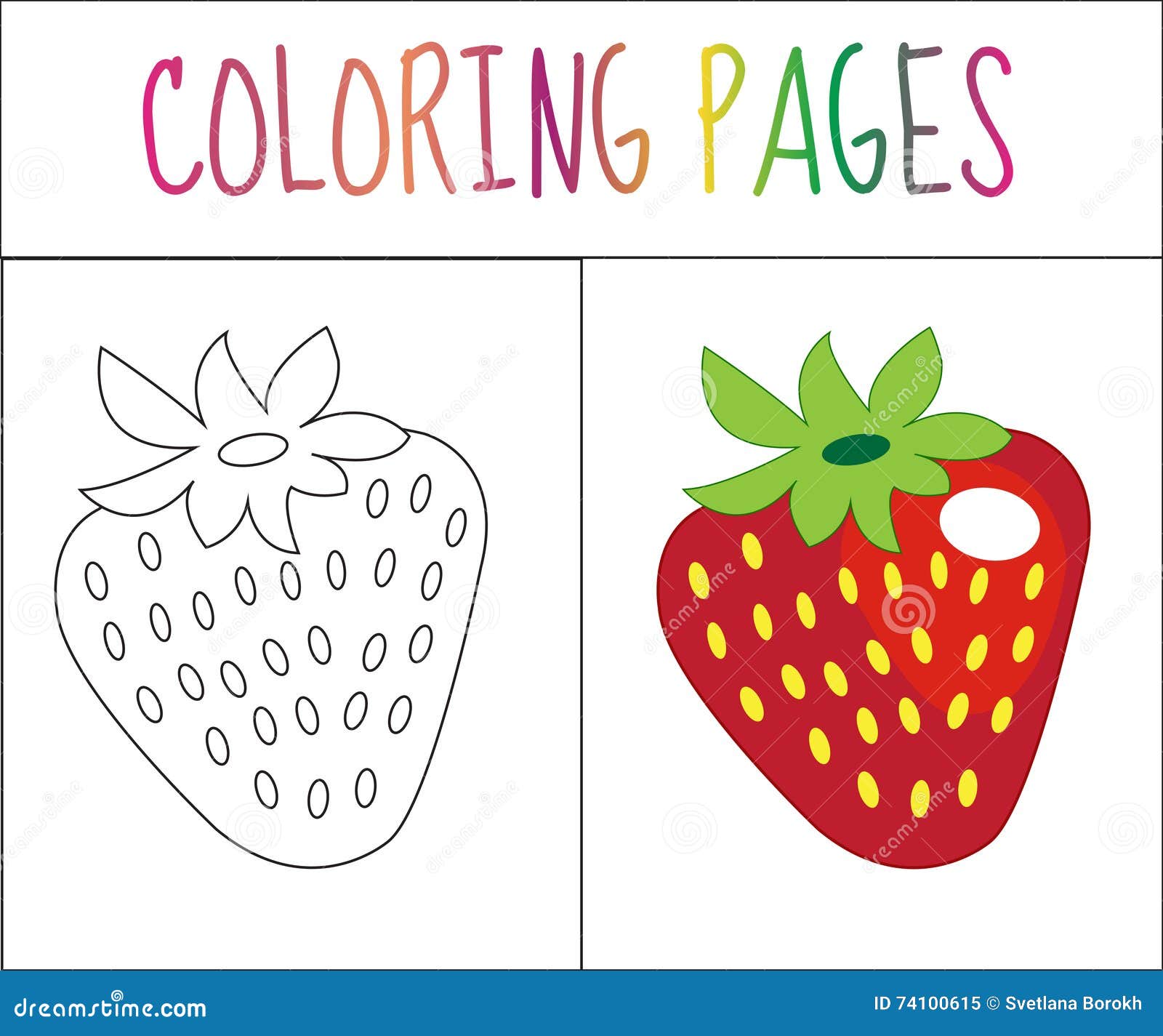Coloring book page strawberry sketch and color version coloring for kids stock vector
