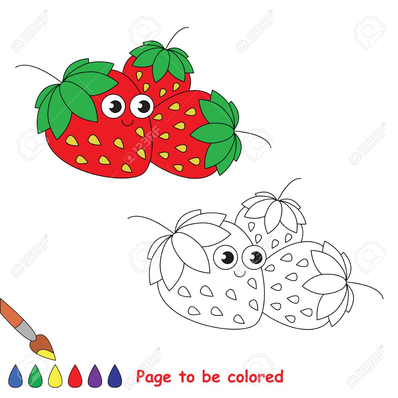 Three strawberries to be colored coloring book to educate kids learn colors visual educational game easy kid gaming and primary education simple level of difficulty coloring pages royalty free svg cliparts vectors