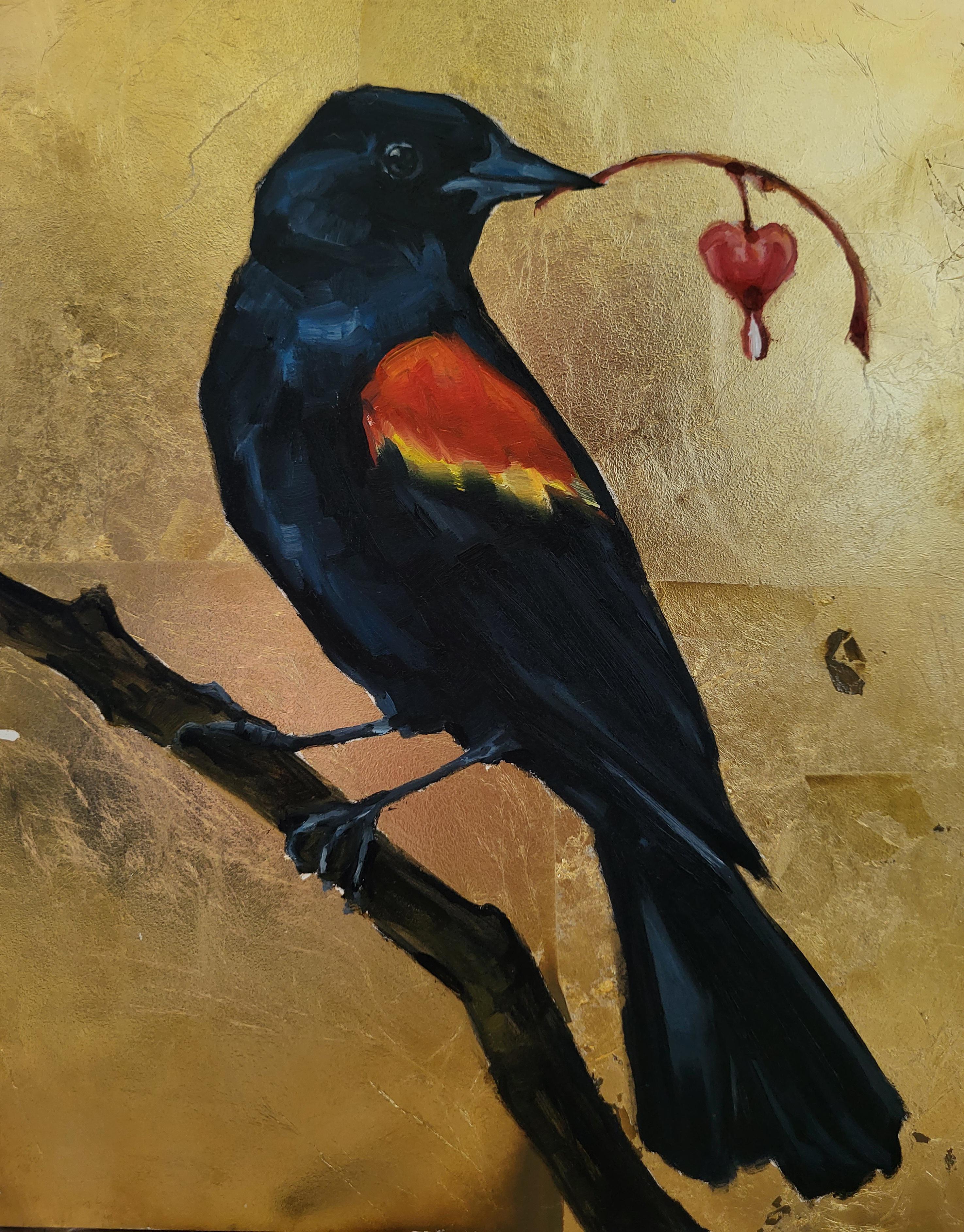 X red winged blackbird oil painting with gold leaf rbirding