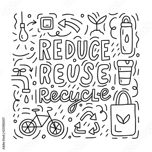 Reduce reuse recycle doodle concept black and white vector illustration for postcards prints or for coloring book eco lifestyle vector